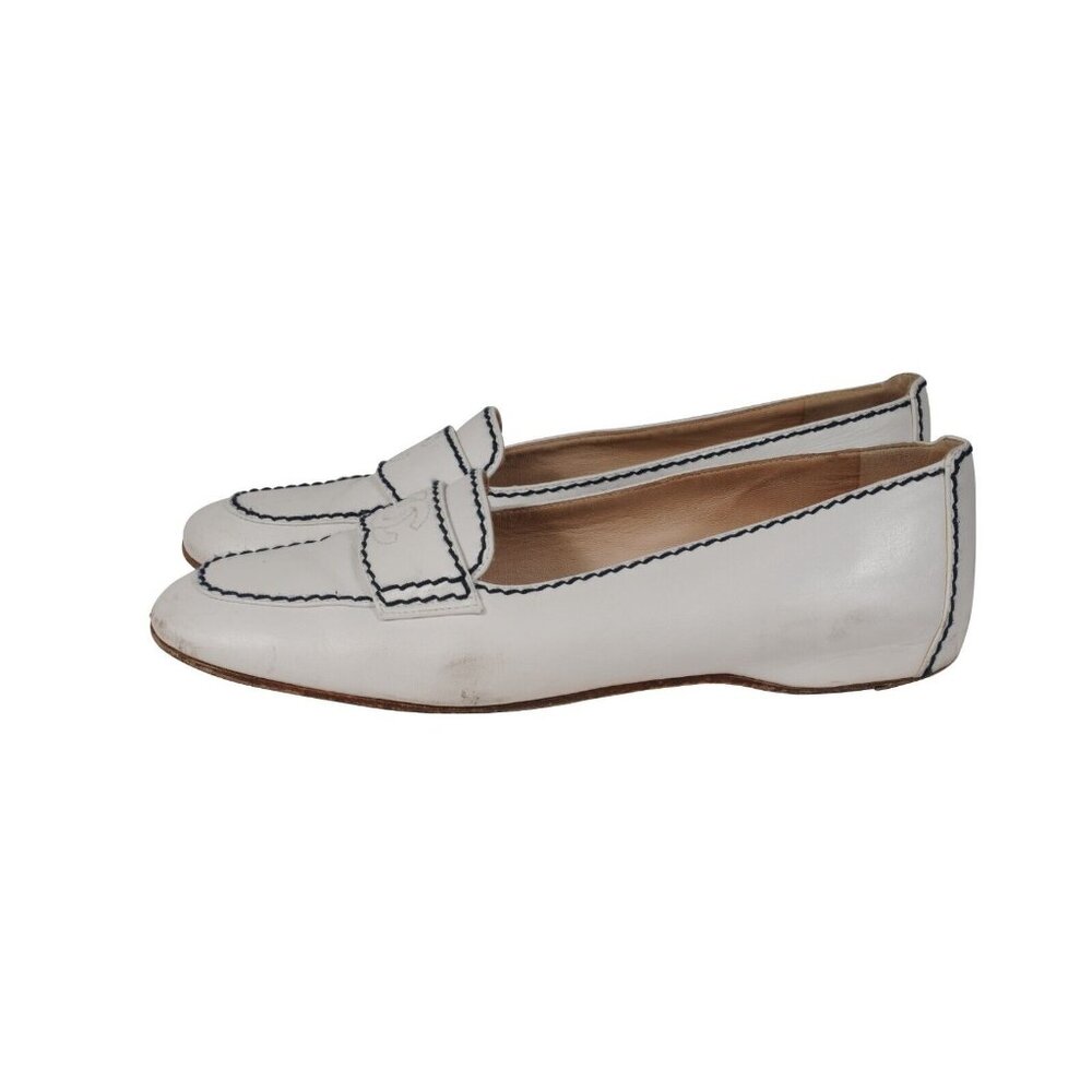 Chanel Womens CC Logo Flats US 7.5 EU 37.5 White Leather Blue Stitching - Picture 4 of 11